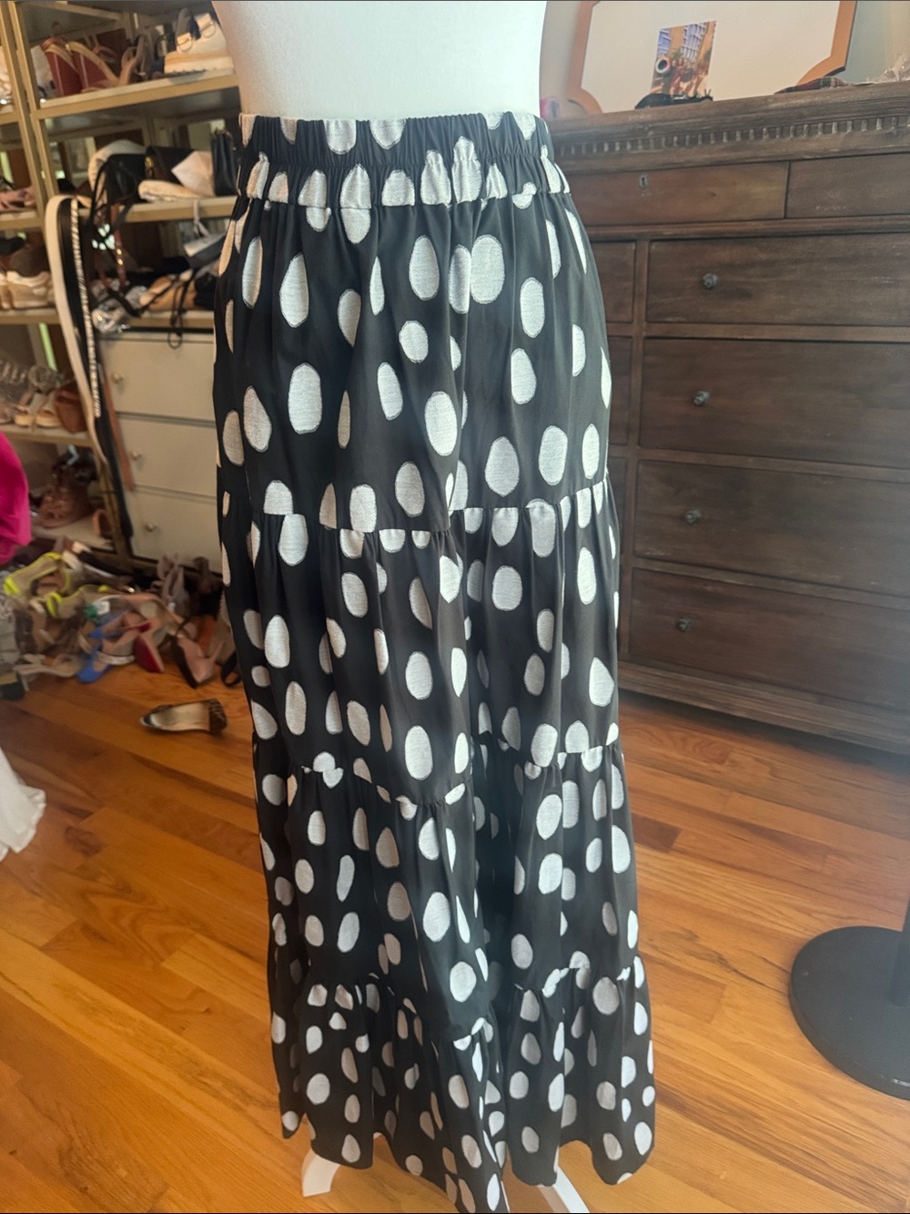 Mara Hoffman Black and White Polka Dot Tiered wide leg pants